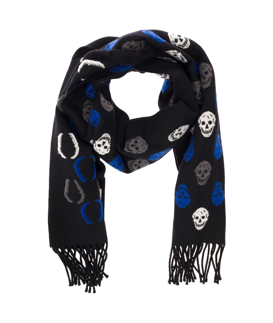 Mens Accessories Scarves and mufflers Alexander McQueen Wool Skull-intarsia Fringed Scarf in Blue for Men 