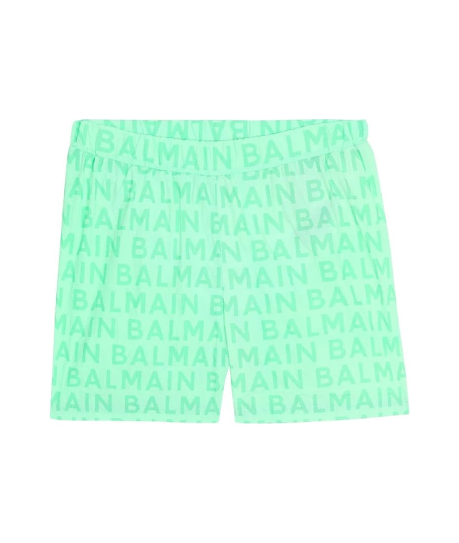 Balmain Light Green Swim Shorts With All-over Logo - Green