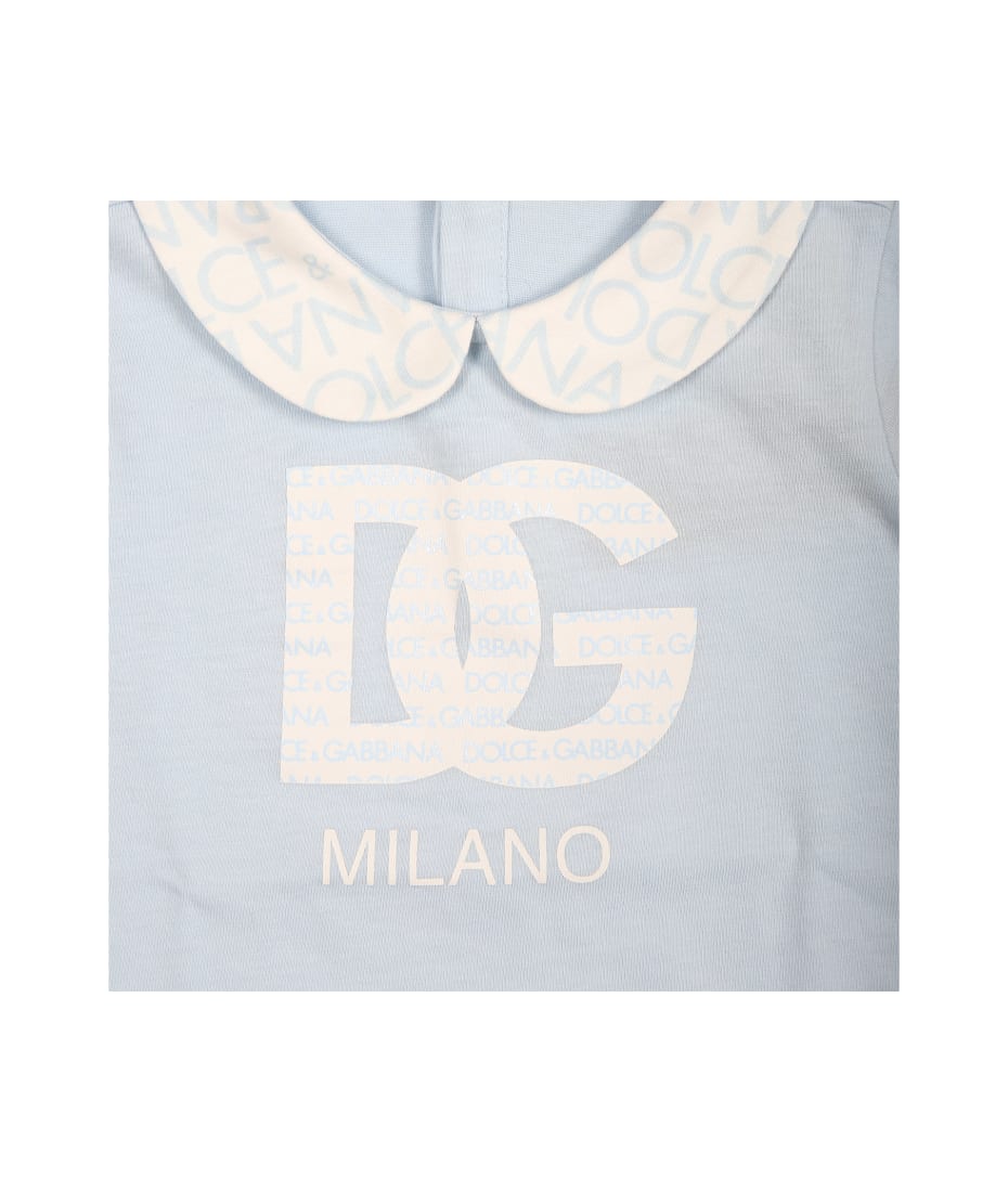 Dolce & Gabbana Light Blue Romper Suit For Baby Boy With Logo - Light Blue