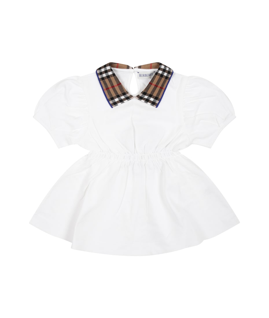 Burberry White Dress For Baby Girl With Vintage Check On The Collar - White