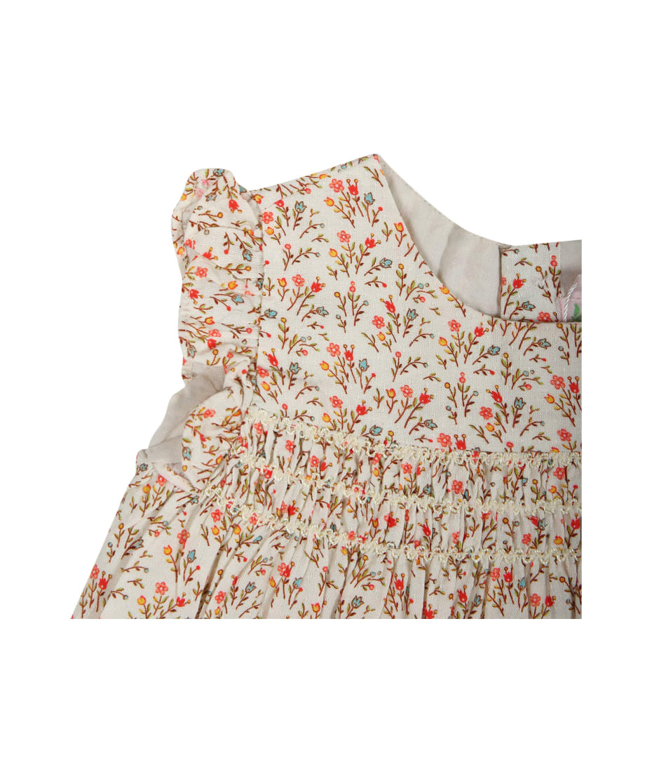 Bonpoint Beige Dress For Baby Girl With Floral Pattern - Beige