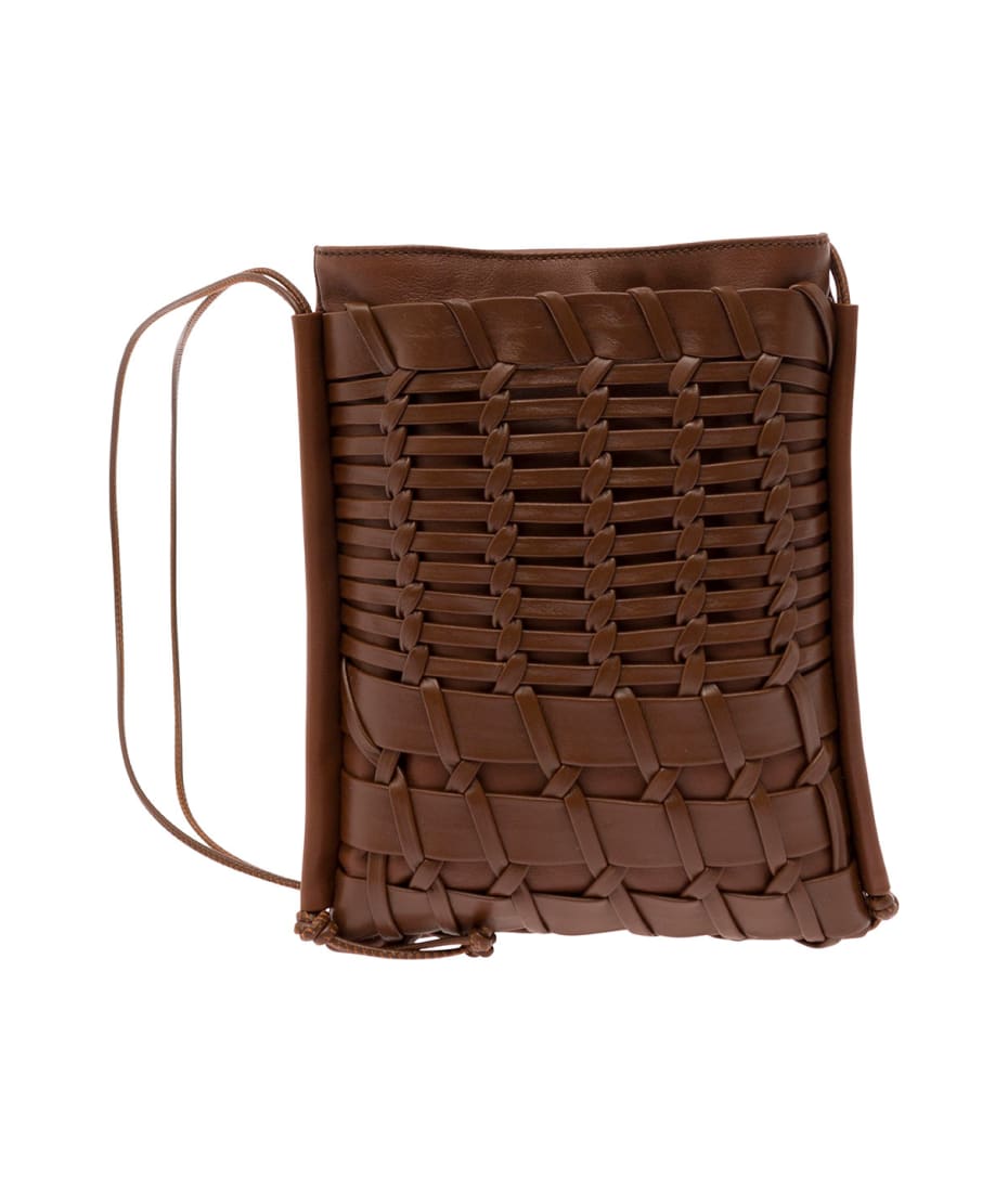 Hereu 'trena' Brown Flat Square Crossbody Bag In Handwoven Leather