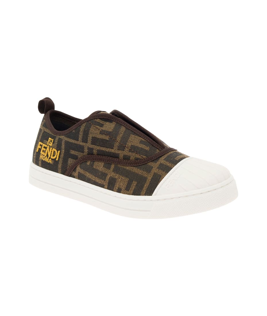 Fendi Brown Pull-on Sneakers With Logo Embroidery In Ff Canvas Boy