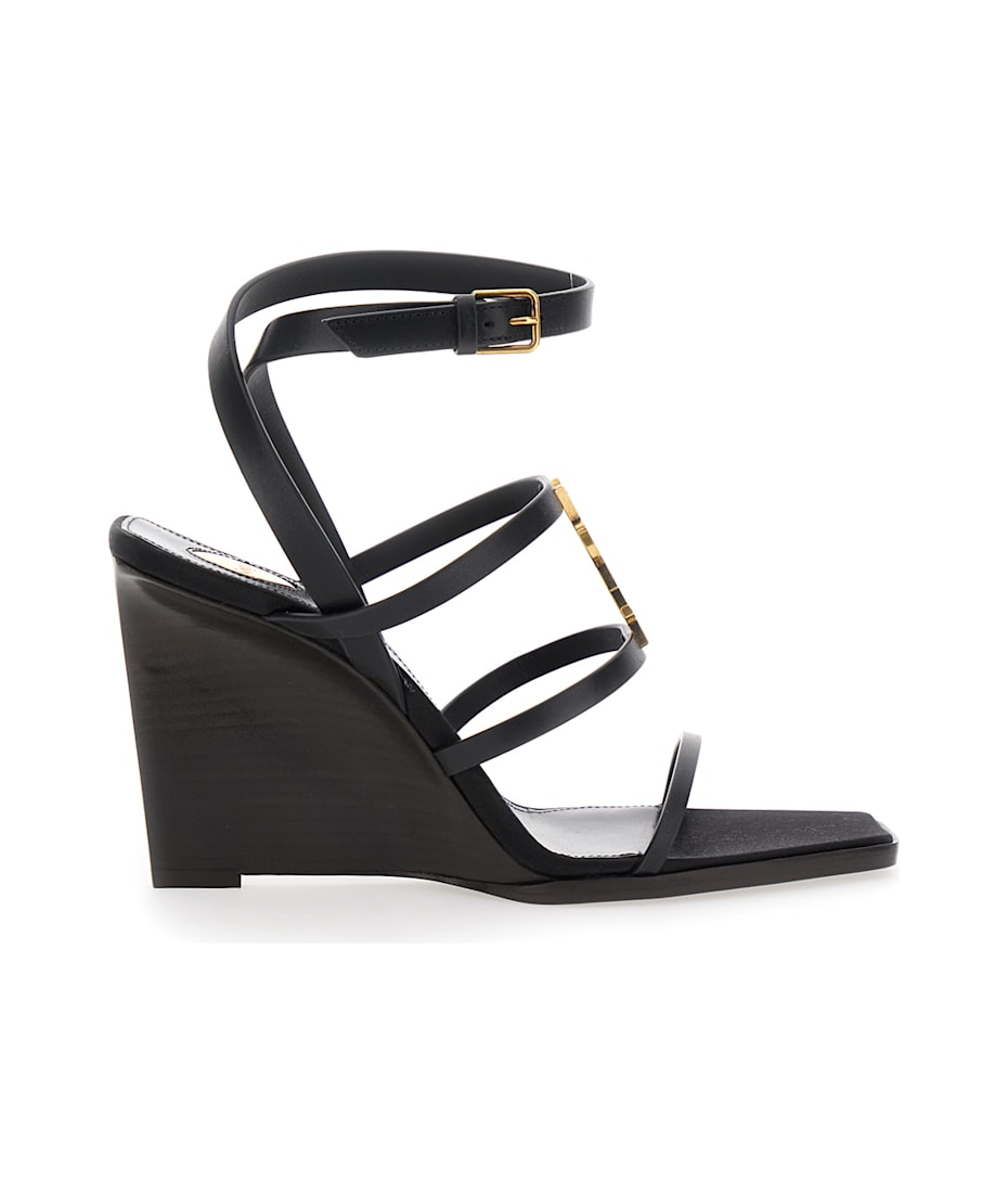 サンダル・ミュール SAINT LAURENT Black Leather Cassandre Wedges Saint Laurent Black Wedges With Metallic Cassandre Detail