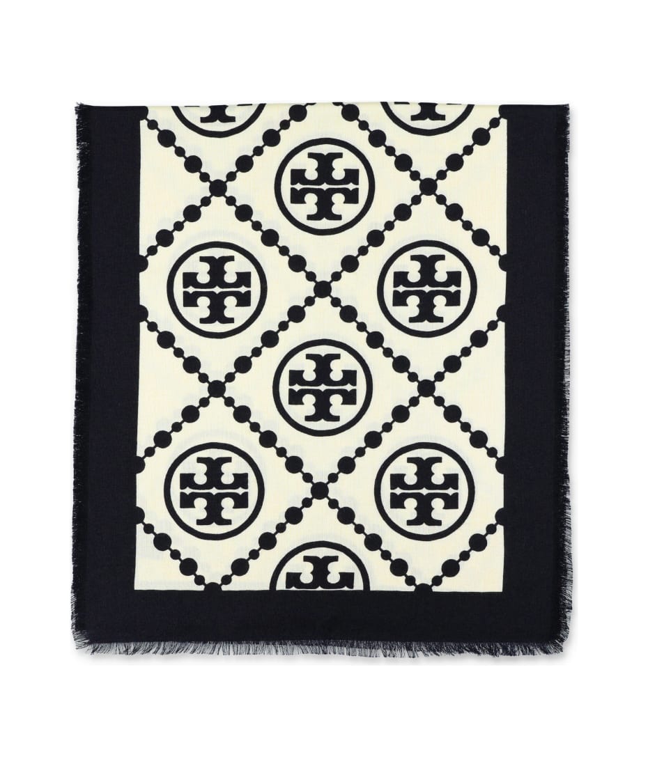 TORY BURCH｜ (T MONOGRAM BORDERED OBLONG (159384-001)) T Monogram Bordered Oblong Scarf: Women's Designer Scarves