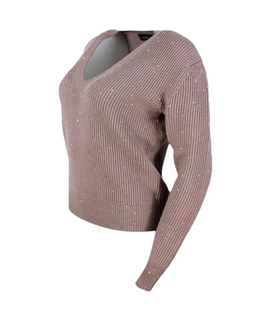 Lorena Antoniazzi V-neck Sweater Made With English Rib Knit In Soft Wool Embellished With Micro Sequins - Pink Antique