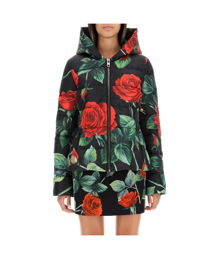 Dolce & Gabbana Red Rose Print Hooded Puffer Jacket