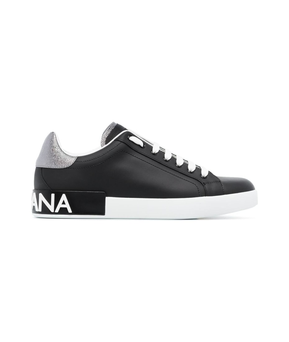Dolce & Gabbana Man's Black Leather Sneakers With Silver Heel Tab And Logo Print - Black