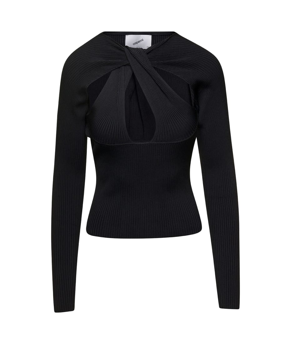 Black Long-sleeve Top With Twisted Cut-out Detail In Viscose Woman