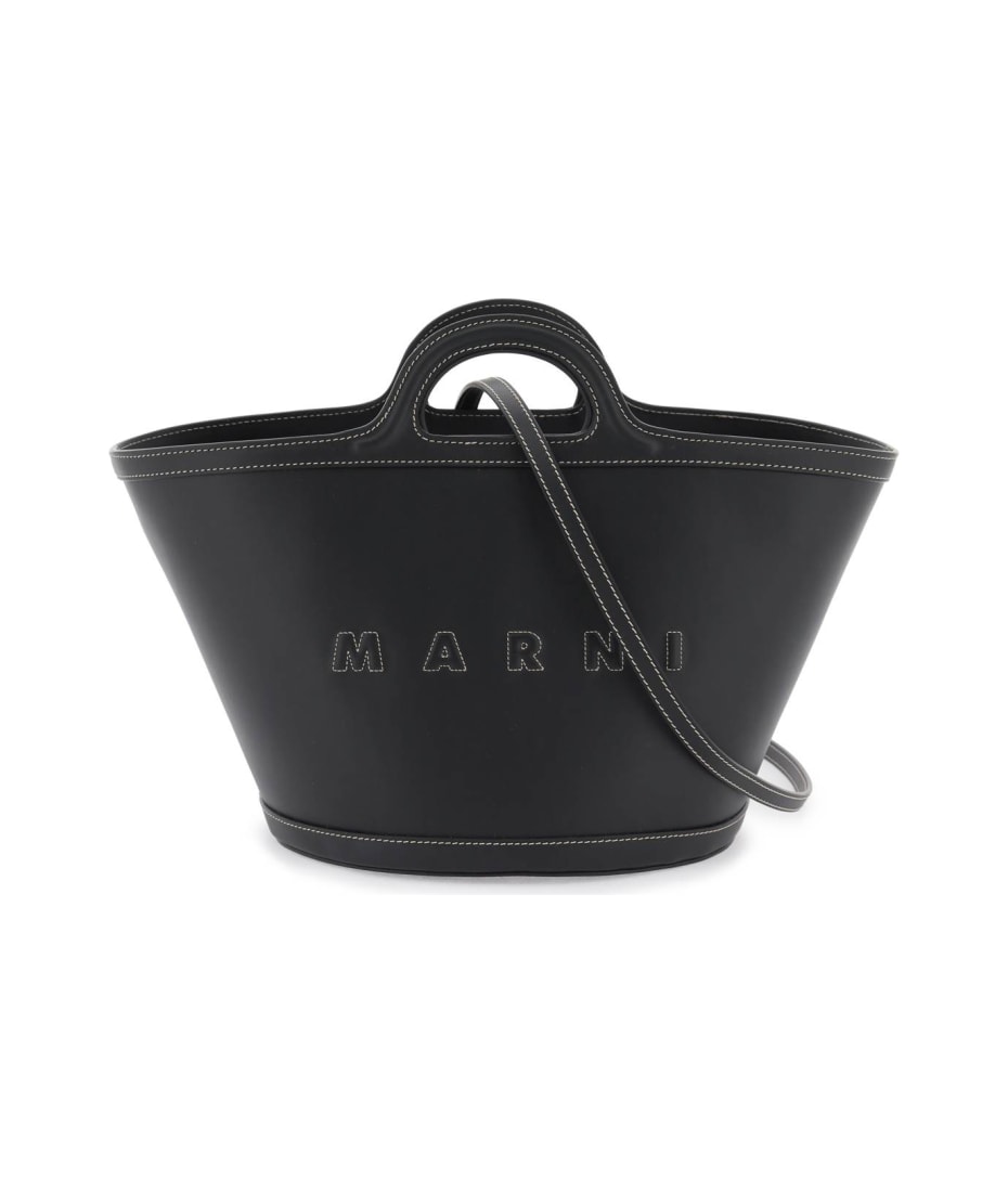 ★MARNI★ Small Tropicalia Tote Bag Black BMMP0097U0LV58900N Tropicalia Small Bag in black leather and raffia-effect