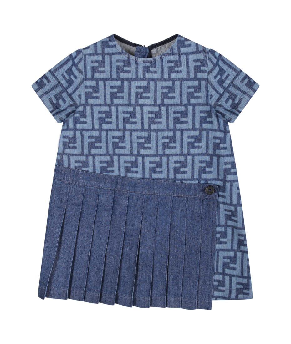 Fendi Denim Dress For Baby Girl With All over Iconic Ff Babies Unisex