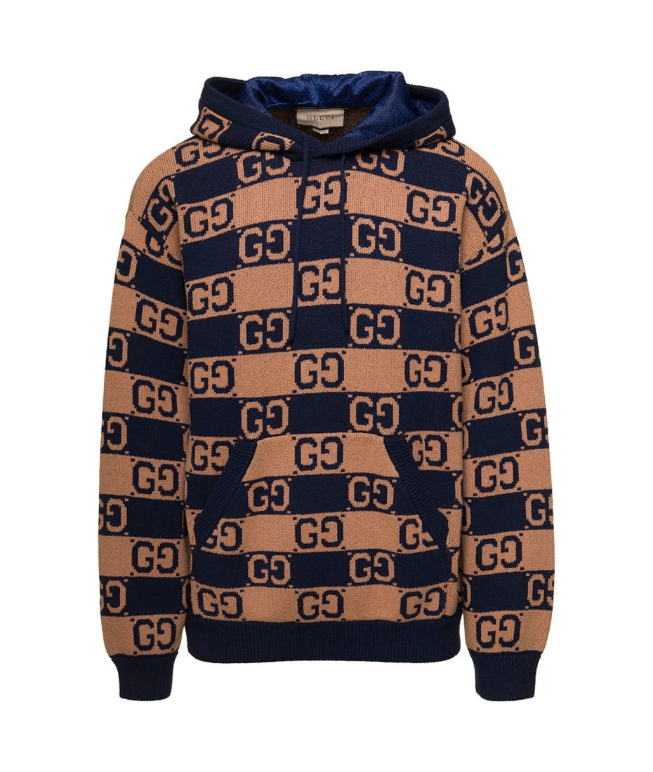 Gucci Beige And Blue Hoodie With All-over Monogram In Cotton Blend