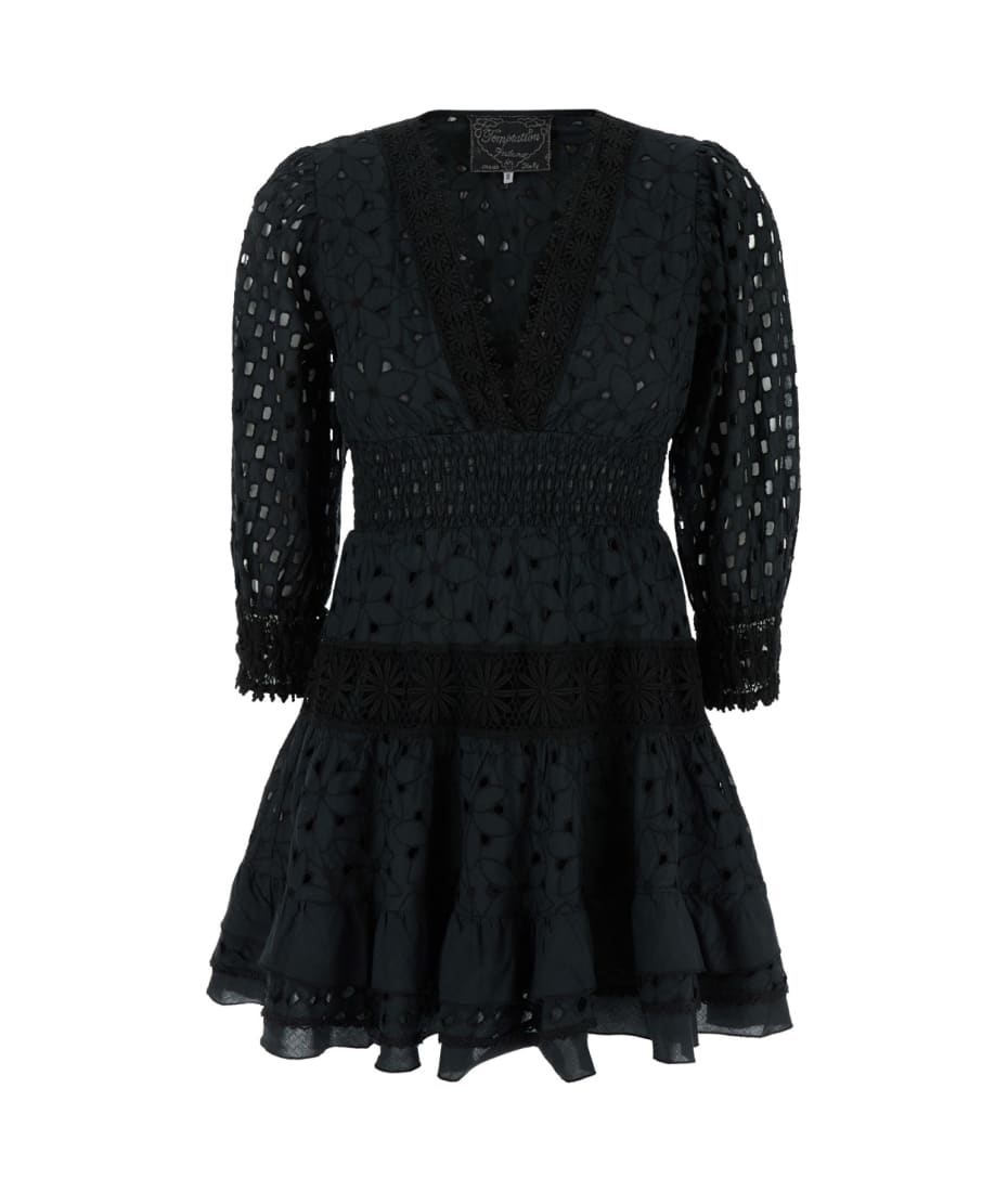 Temptation Positano Mini Black Dress With V-neckline And Embroideries In Cotton Lace Woman | italist, ALWAYS LIKE A SALE Temptation Positano Mini Black Dress With V-neckline And Embroideries In Cotton Lace Woman | italist, ALWAYS LIKE A SALE