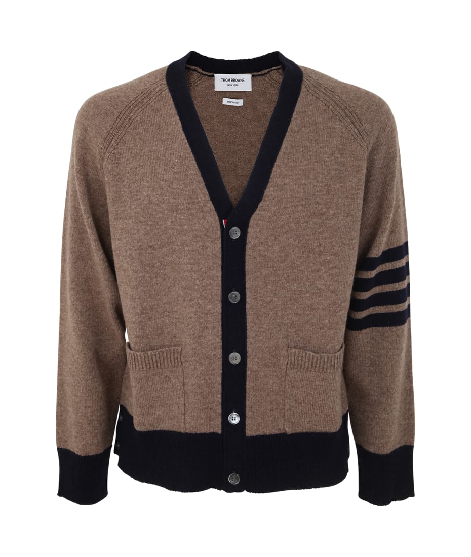 Thom Browne Jersey Stitch Raglan Sleeve Relaxed V Neck Cardigan In