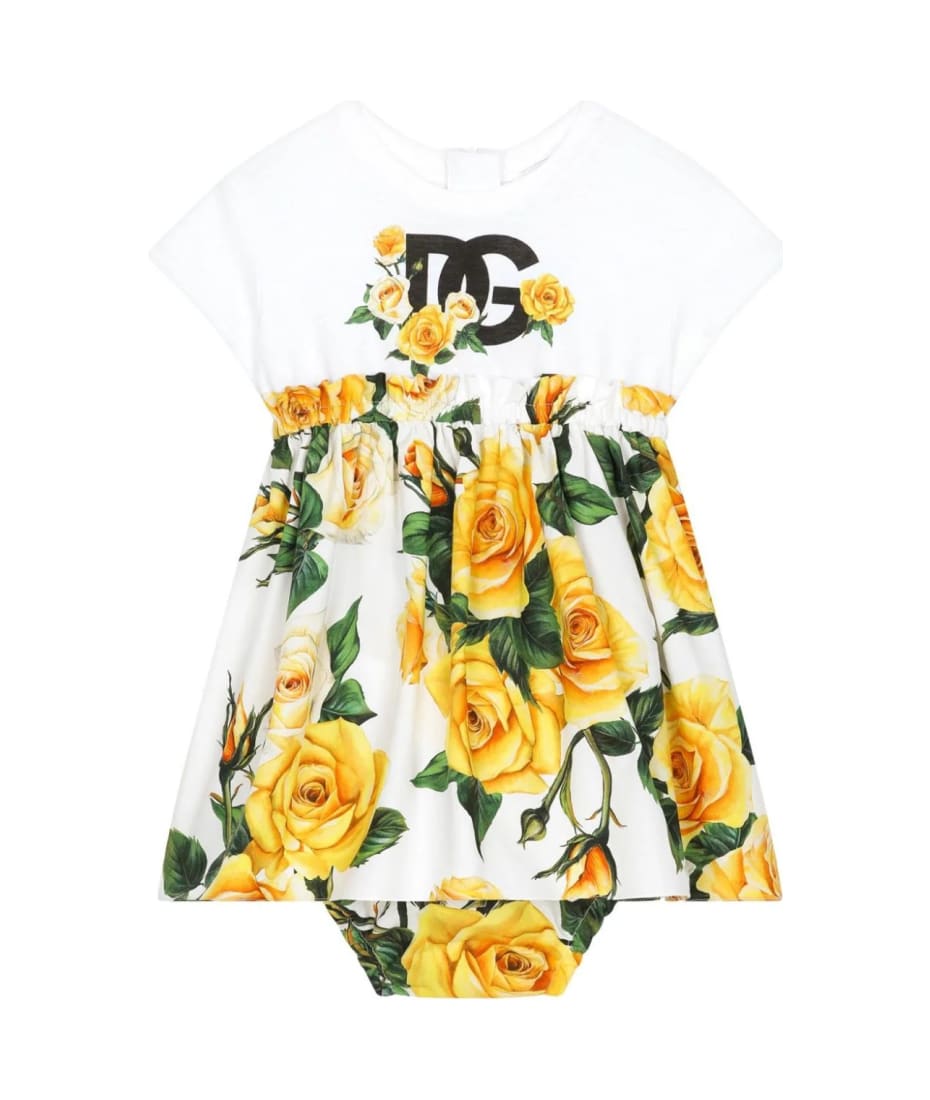 Dolce & Gabbana Jersey And Poplin Dress With Dg Logo And Yellow Rose Print - White