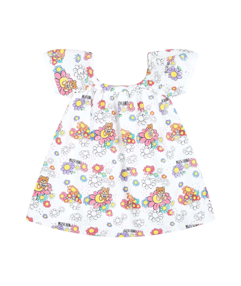 Moschino White Dress For Baby Girl With Teddy Bear And Flowers ウェア