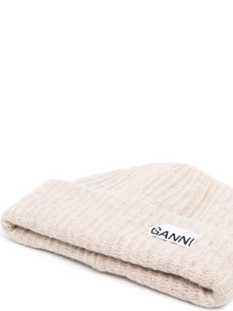 Ganni Beige Recycled Woo Hat With Logo