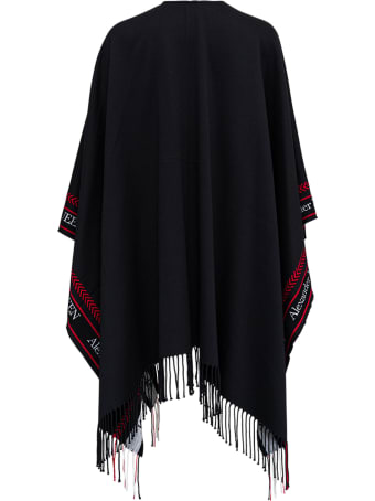 Alexander McQueen Black Wool And Cachemere Cape With Contrasting Logo