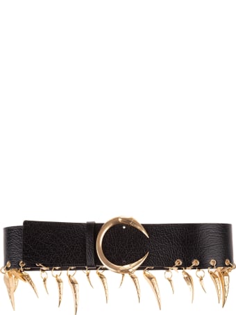 Roberto Cavalli Woman Black Leather Belt With Golden Fangs
