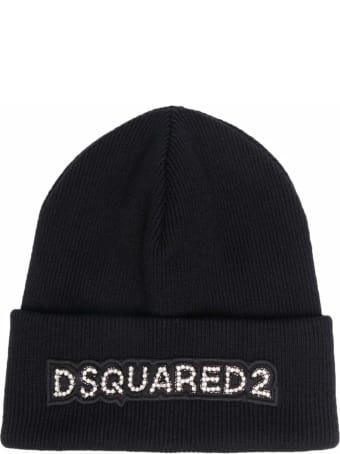 Dsquared2 Black Wool Beanie With Rhinestones Logo