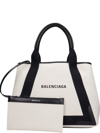 Balenciaga Navy Cabas Tote In White Fabric