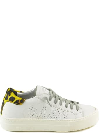 P448 White/yellow Leo Print Leather Women's Flat Sneakers