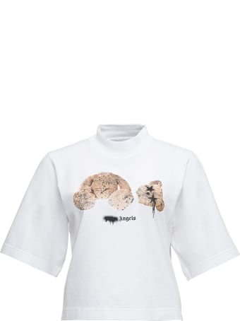 Palm Angels White Cotton Cropped T-shirt With Teddy Bear Print