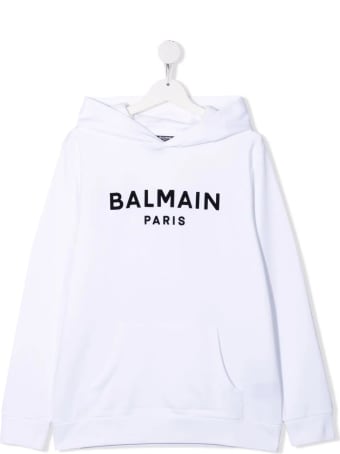 Balmain Kids White Hoodie With Black Velvet Logo