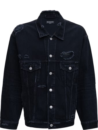 Balenciaga Barcode Black Denim Jacket With Tears Detail