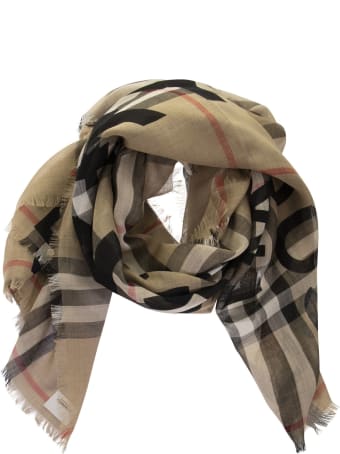 Burberry Large Wool And Silk Scarf With Tartan Pattern And Horseferry Print