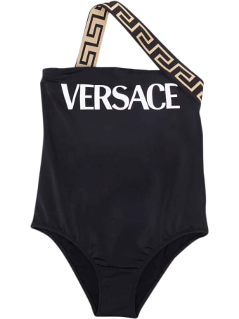 Versace Black Swimsuit With Greca Print And Logo Kids