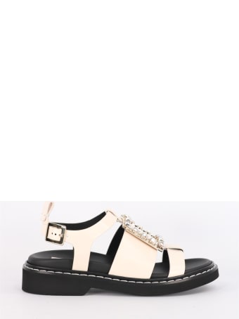 Roger Vivier Viv 'rangers Sandals With Rhinestone Buckle Cream