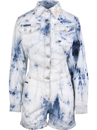 Philipp Plein Woman Short Jumpsuit In Bleached Denim