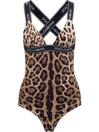 Dolce & Gabbana Animalier Swimsuit With Logo Band