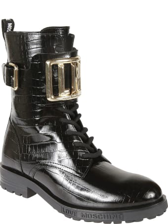 Love Moschino Croco Embossed Buckled Lace-up Boots