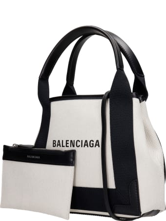 Balenciaga Navy Cabas Xs Tote In White Fabric
