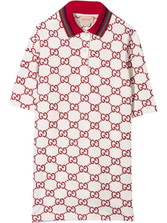 Gucci White And Red Dress With Logo, Short Sleeve, Straight Hem And Classic Collar