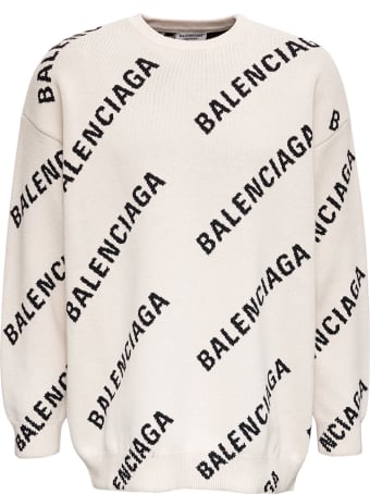 Balenciaga White Wool Blend Sweater With Allover Logo Print