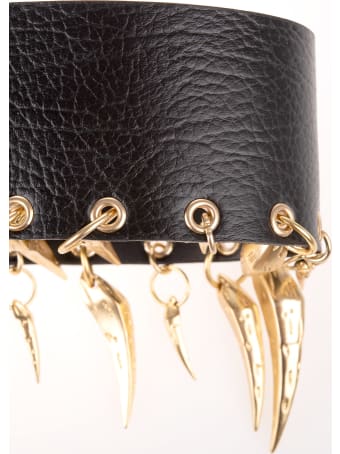 Roberto Cavalli Woman Black Leather Belt With Golden Fangs
