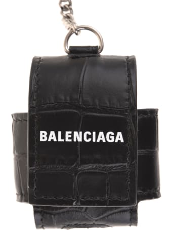 Balenciaga Cash Earpods Case In Black Crocodile Effect Leather