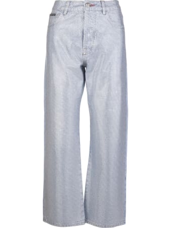 Philipp Plein Woman High Waist Cropped Jeans With Crystals