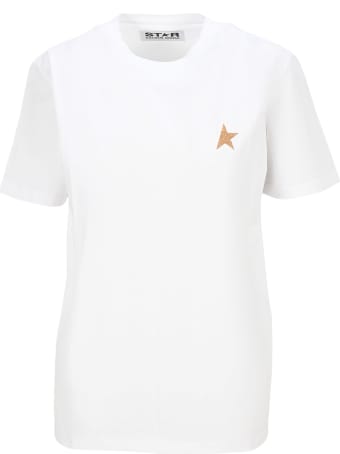 Golden Goose White Star Collection T-shirt With Star In Gold Glitter On The Front