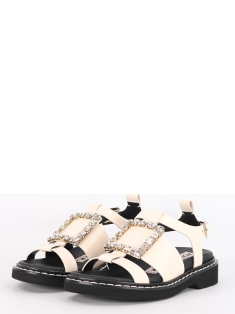Roger Vivier Viv 'rangers Sandals With Rhinestone Buckle Cream