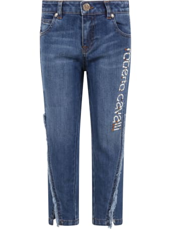 Roberto Cavalli Light Blue Jeans For Girl With Logo