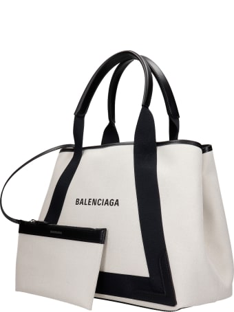 Balenciaga Navy Cabas Tote In White Fabric