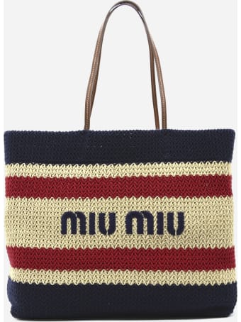 Miu Miu Shoulder Bag In Raffia And Cotton With Contrasting Embroidered Logo