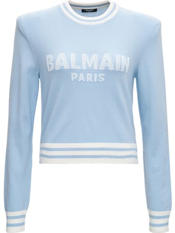 Balmain Light Blue Wool Sweater With Logo