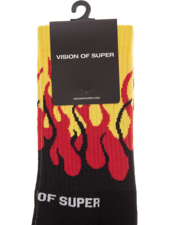 Vision of Super Yellow Socks With Double Black And Red Flame
