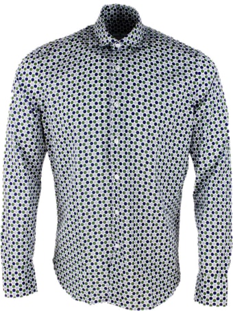 Sonrisa Luxury Shirt In Soft, Precious And Very Fine Stretch Cotton Flower With French Collar In Multicolor Polka Dot Print In Contrasting Color