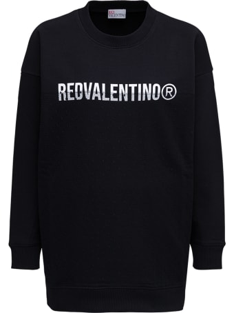 RED Valentino Oversized Black Sweatshirt With Contrasting Logo Print And Point D'esprit Insert